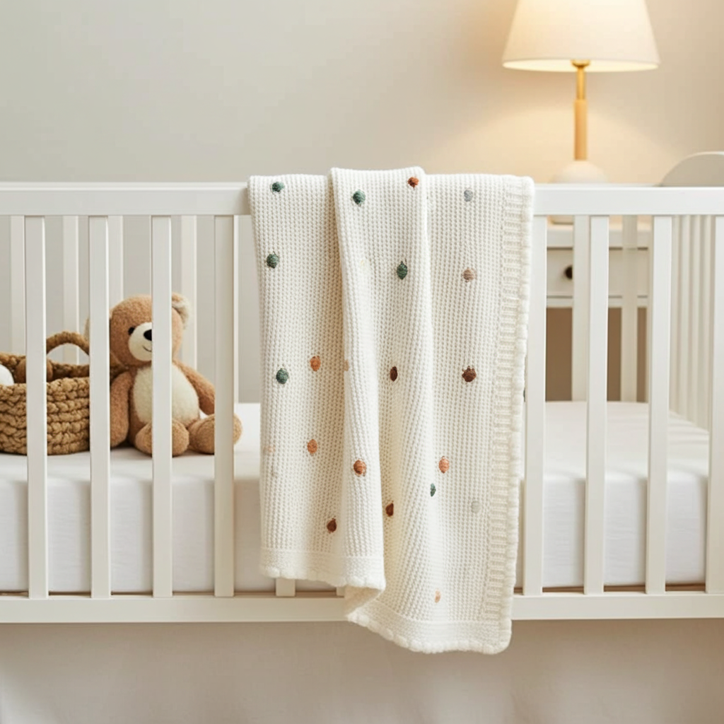 - Polkadot Knitted Baby Blanket - Soft 100% Cotton Baby Stork Swaddling & Receiving Blankets