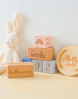 - Keepsake Milestone Wooden Blocks Set | Pink, Blue & Classic Wood Storkke Gifting