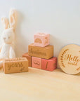 - Keepsake Milestone Wooden Blocks Set | Pink, Blue & Classic Wood Storkke Gifting
