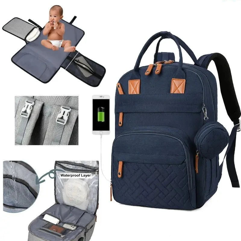 Dark Blue - 3-in-1 Unisex Nappy Bag Backpack with Foldable Changing Pad Baby Stork Diaper Wet Bags