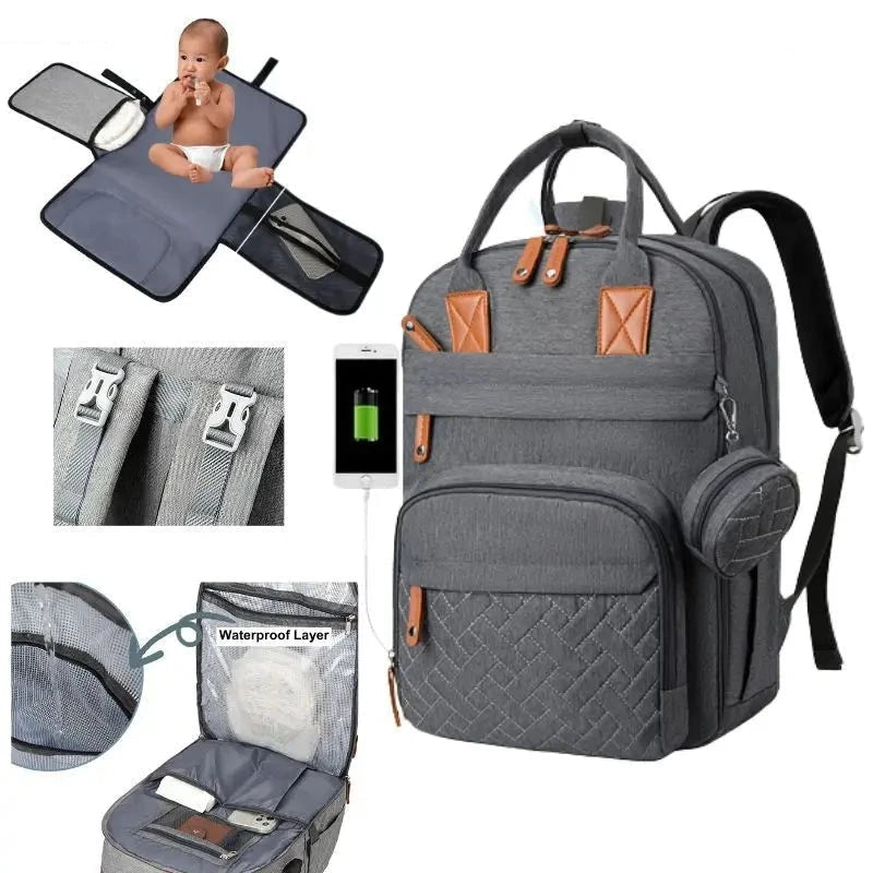Dark Grey - 3-in-1 Unisex Nappy Bag Backpack with Foldable Changing Pad Baby Stork Diaper Wet Bags