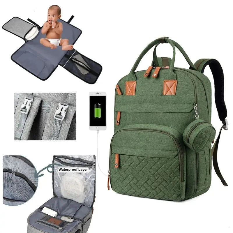 Green - 3-in-1 Unisex Nappy Bag Backpack with Foldable Changing Pad Baby Stork Diaper Wet Bags