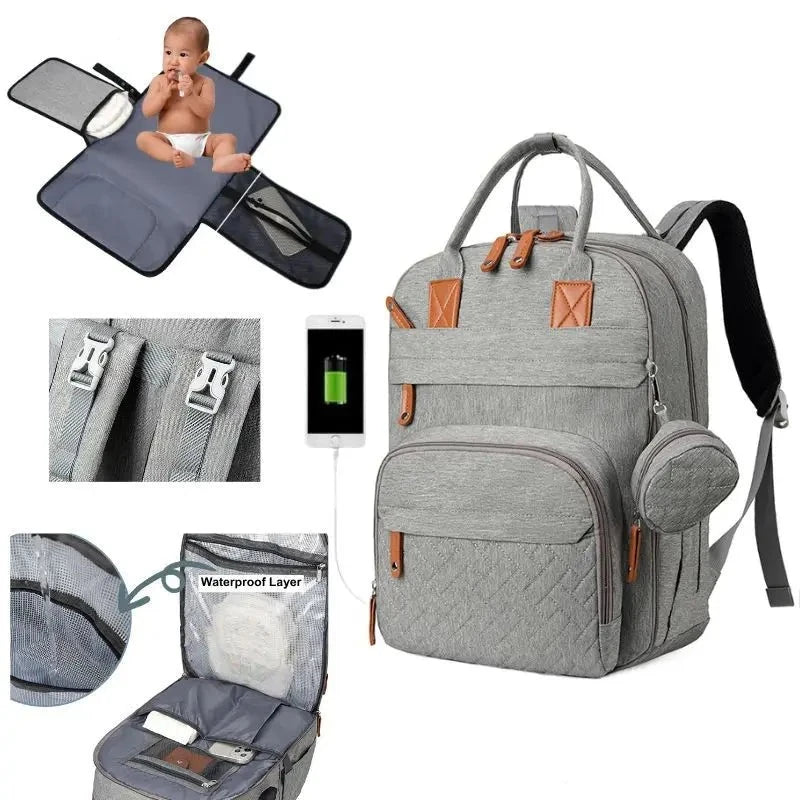 Grey - 3-in-1 Unisex Nappy Bag Backpack with Foldable Changing Pad Baby Stork Diaper Wet Bags