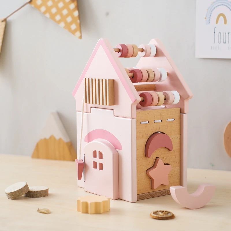 Wooden in Pink House Busy Cube Educational Toy for Kids