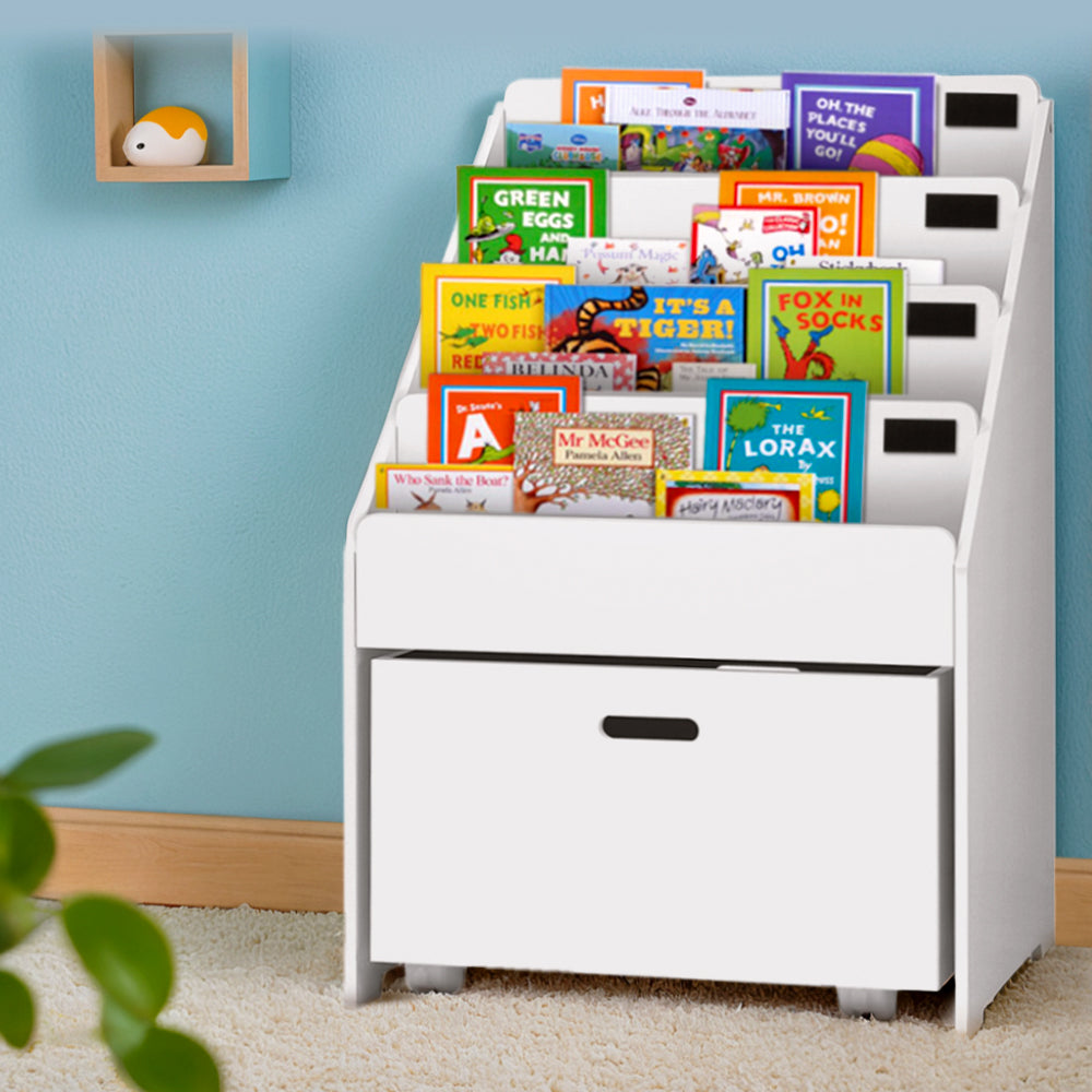 4-Tier Kids Bookshelf Storage Organiser | Children's Bookcase with Chalkboard Labels & Drawer