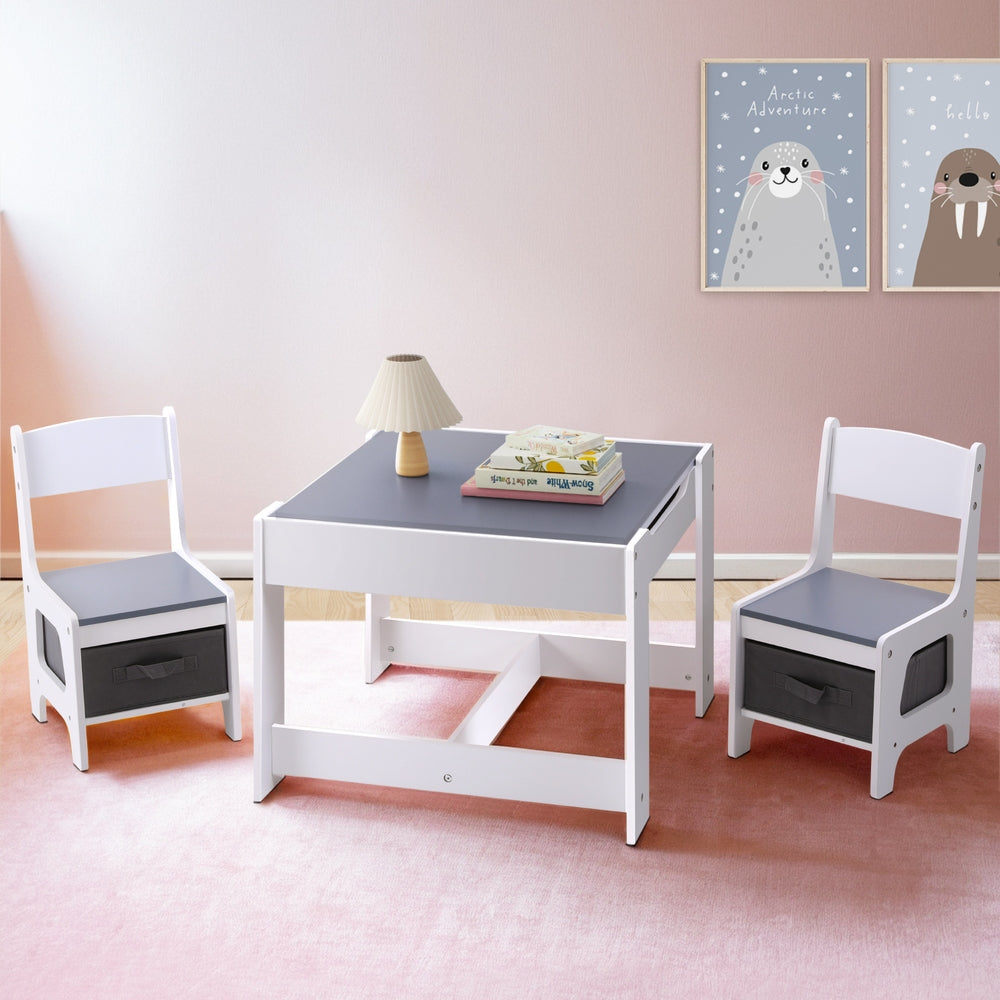 Children's Table and Chairs Set – Grey Chalkboard Desk with Storage