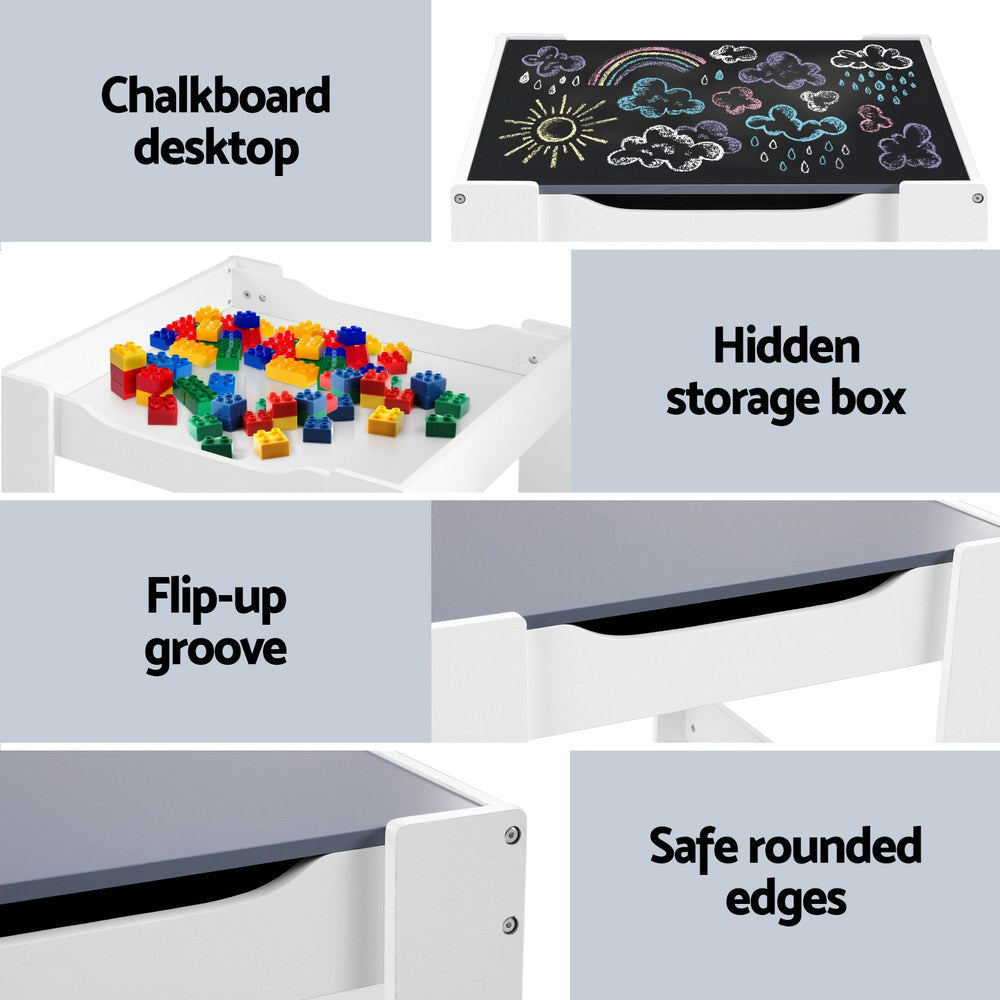 Children's Table and Chairs Set – Grey Chalkboard Desk with Storage