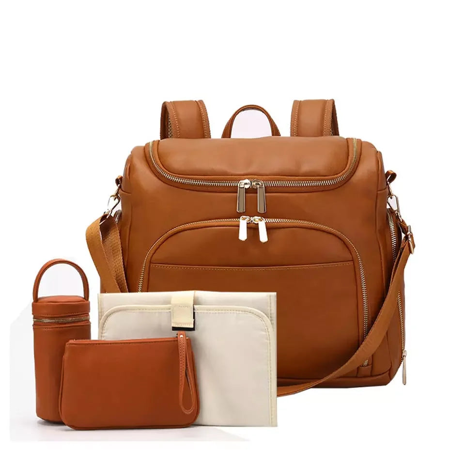Brown - Luxury Compact Vegan Leather Diaper Bag Baby Stork