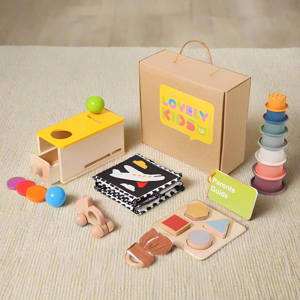 - Montessori Wooden Baby Play & Learn Gift Set | 6–12 Months Sensory Toys | Coin Box, Teether, Stacking Cups, Puzzle, Car & More Baby Stork Gifting