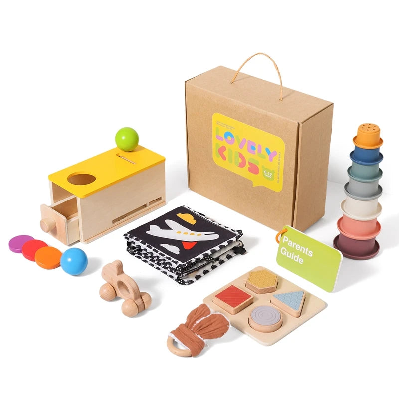 - Montessori Wooden Baby Play & Learn Gift Set | 6–12 Months Sensory Toys | Coin Box, Teether, Stacking Cups, Puzzle, Car & More Baby Stork Gifting