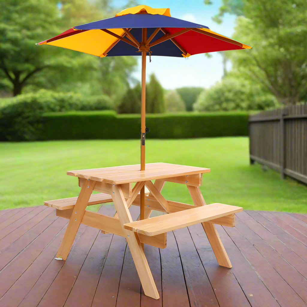 Kids Wooden Picnic Table Set with Umbrella