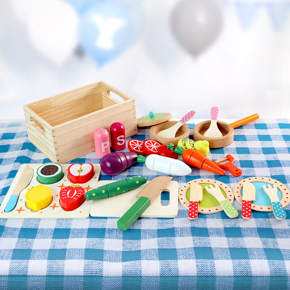 - Wooden Kids Kitchen Playset – 29-Piece Pretend Cooking Set with Utensils, Food & Storage Box Keezi Baby & Kids > Baby & Kid's Toys > Pretend Play