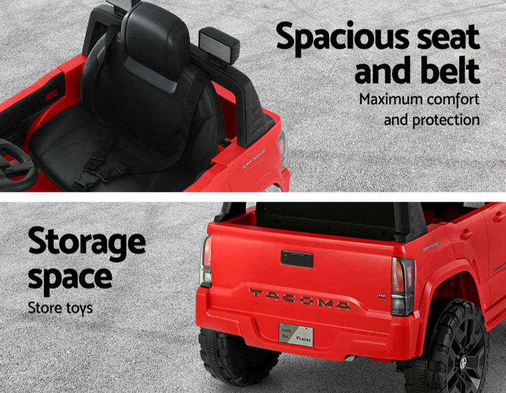 - Toyota Tacoma Licensed 12V Kids Electric Ride-On Car – Red Off-Road Cruiser with Remote Control, MP3, FM Radio & Lights Toyota Baby & Kids > Ride On Cars, Go-karts & Bikes > Ride On Cars