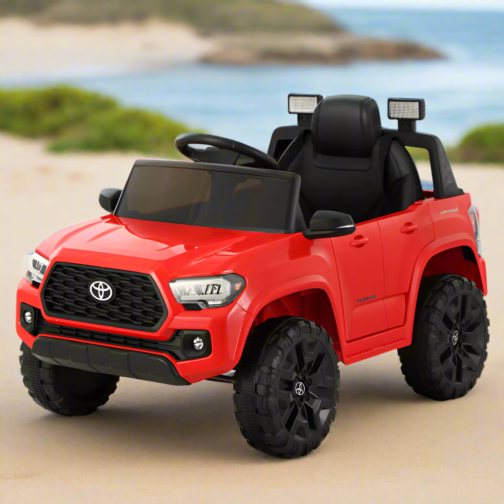 - Toyota Tacoma Licensed 12V Kids Electric Ride-On Car – Red Off-Road Cruiser with Remote Control, MP3, FM Radio & Lights Toyota Baby & Kids > Ride On Cars, Go-karts & Bikes > Ride On Cars