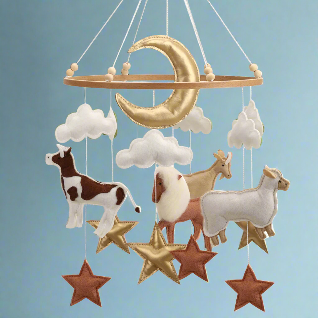- Neutral & Gold Farm Animals Felt Mobile | Handmade Nursery Mobile Baby Stork Baby Mobile