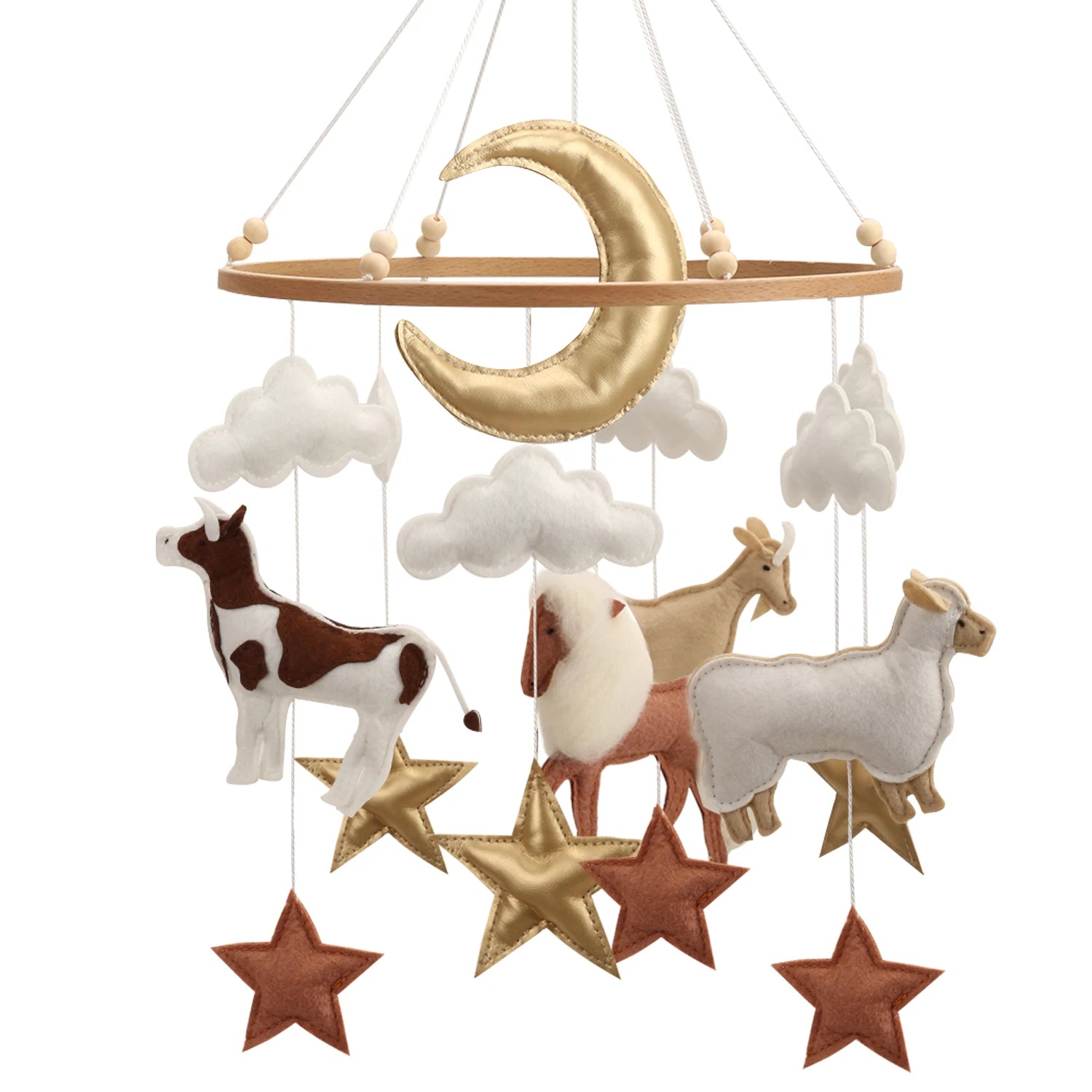 Multi-Colored M - Neutral & Gold Farm Animals Felt Mobile | Handmade Nursery Mobile Baby Stork Baby Mobile