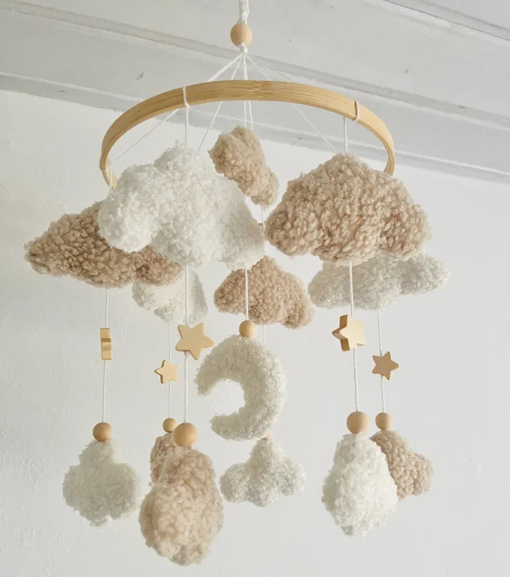 - ☁️ Bouclé Cloud & Moon Baby Mobile – Soft Neutral Nursery Décor with Stars Baby Stork Baby Mobile