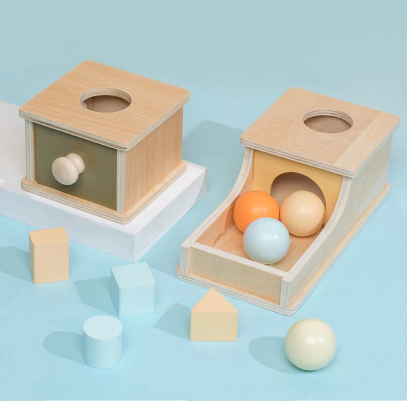 Wooden Montessori Sensory Toys - Object Permanence Box with 3 Pastel Colour Balls