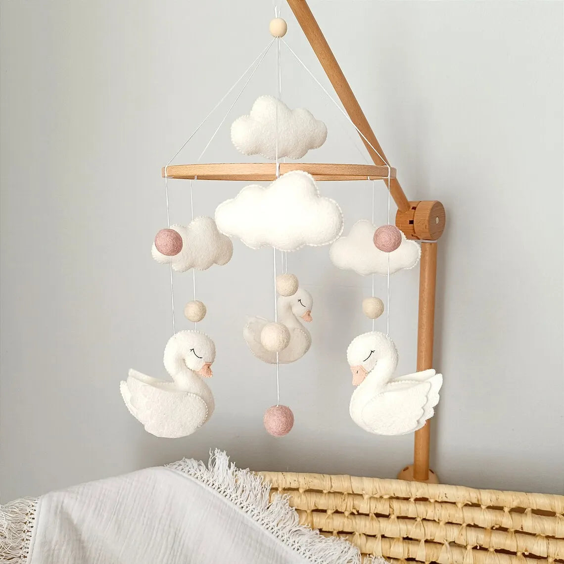 - 🦢 Swan Baby Mobile – White Felt Nursery Mobile with Clouds and Blush Accents Baby Stork Baby Mobile