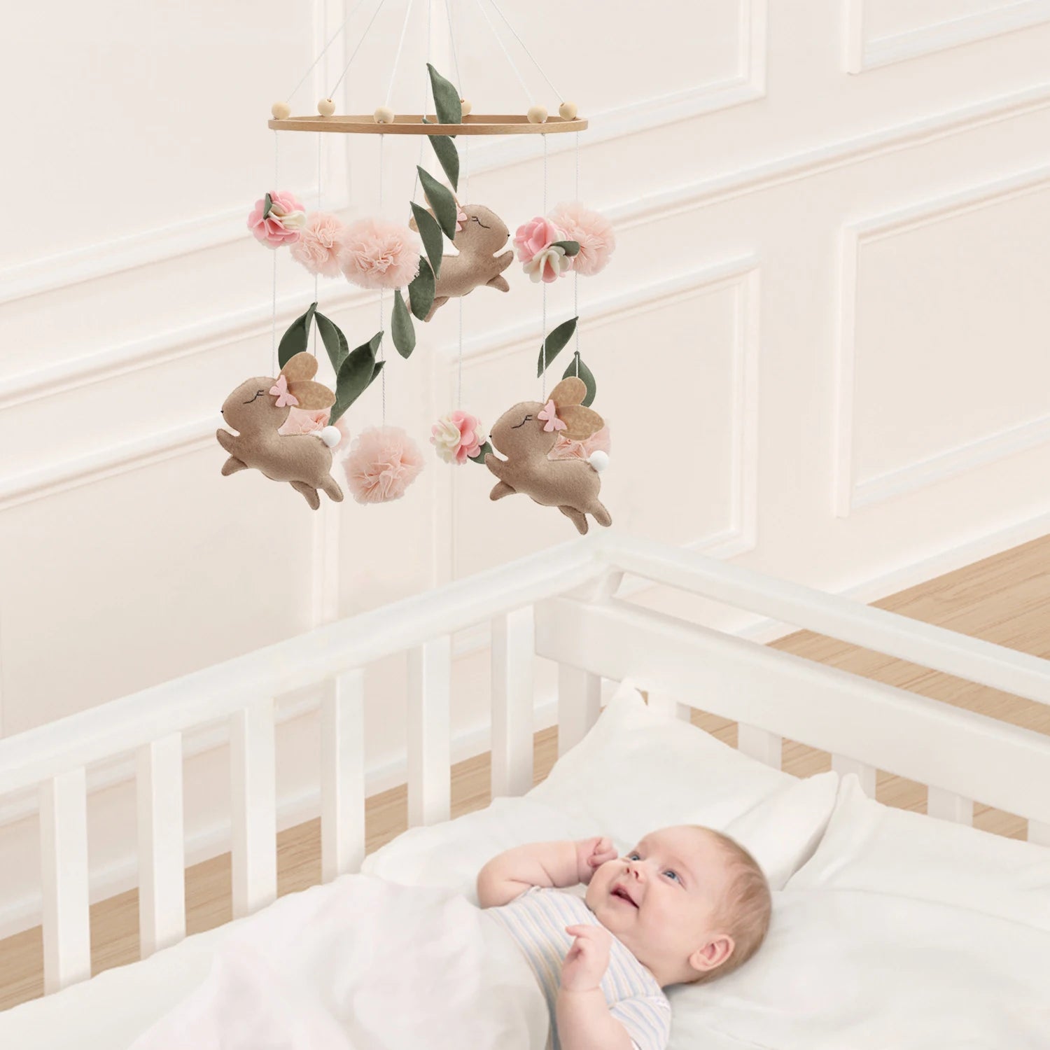 Handmade Bunny Rabbit Crib Mobile | Floral & Boho Nursery Decor | Soft Felt & Wooden Baby Stork Australia