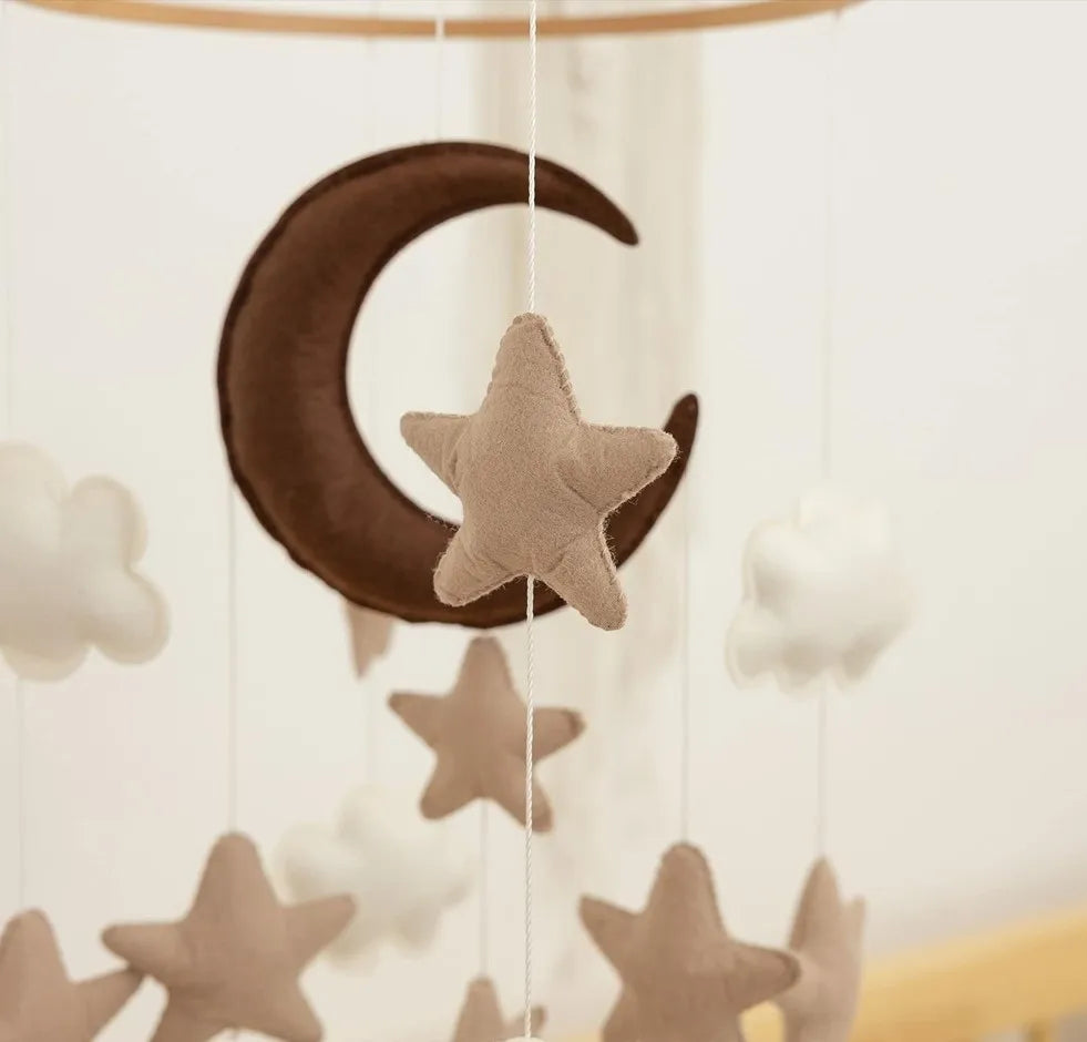 Handmade Brown Moon, Cloud Stars Nursery Mobile Elegant Baby