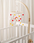 - Boho Rainbow Wooden Crib Mobile with Felt & Wool Balls - Baby Crib Mobile Baby Stork Baby Mobile