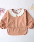 Terracotta - Full Sleeve Feeding Smock Bib with Adorable Thrilled Collar - Solid Colour Baby Stork Bibs