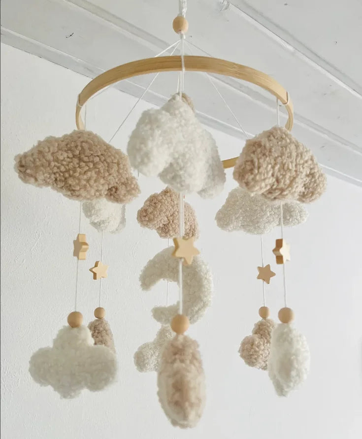 - ☁️ Bouclé Cloud & Moon Baby Mobile – Soft Neutral Nursery Décor with Stars Baby Stork Baby Mobile