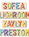 - Custom Wooden Name Puzzle with Pegs – Colourful Letters Baby Stork