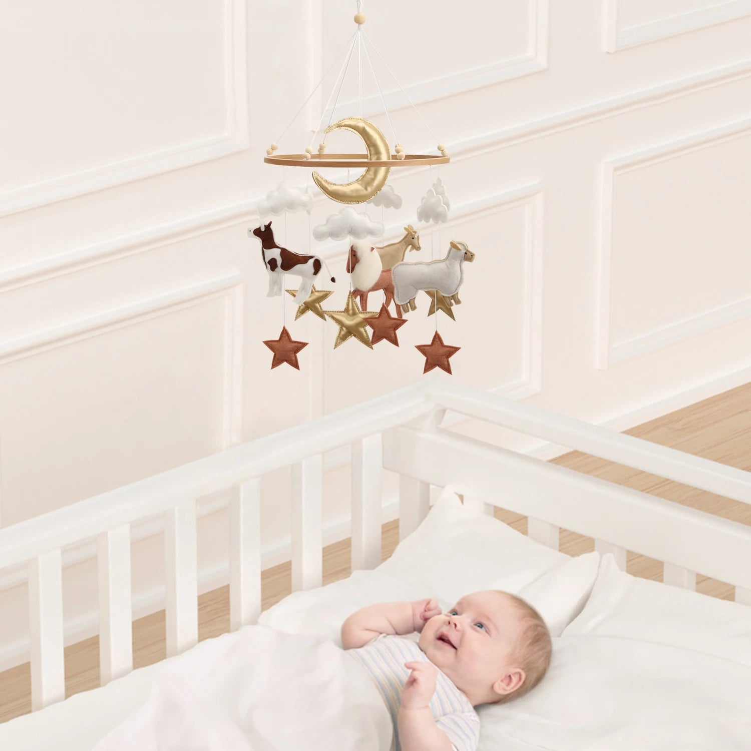 - Neutral & Gold Farm Animals Felt Mobile | Handmade Nursery Mobile Baby Stork Baby Mobile