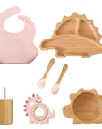 Pink - Eco-Friendly Dinosaur Bamboo Baby Feeding Set - 7pcs | Non-Slip Suction Cups & Teether Baby Stork Nursing & Feeding
