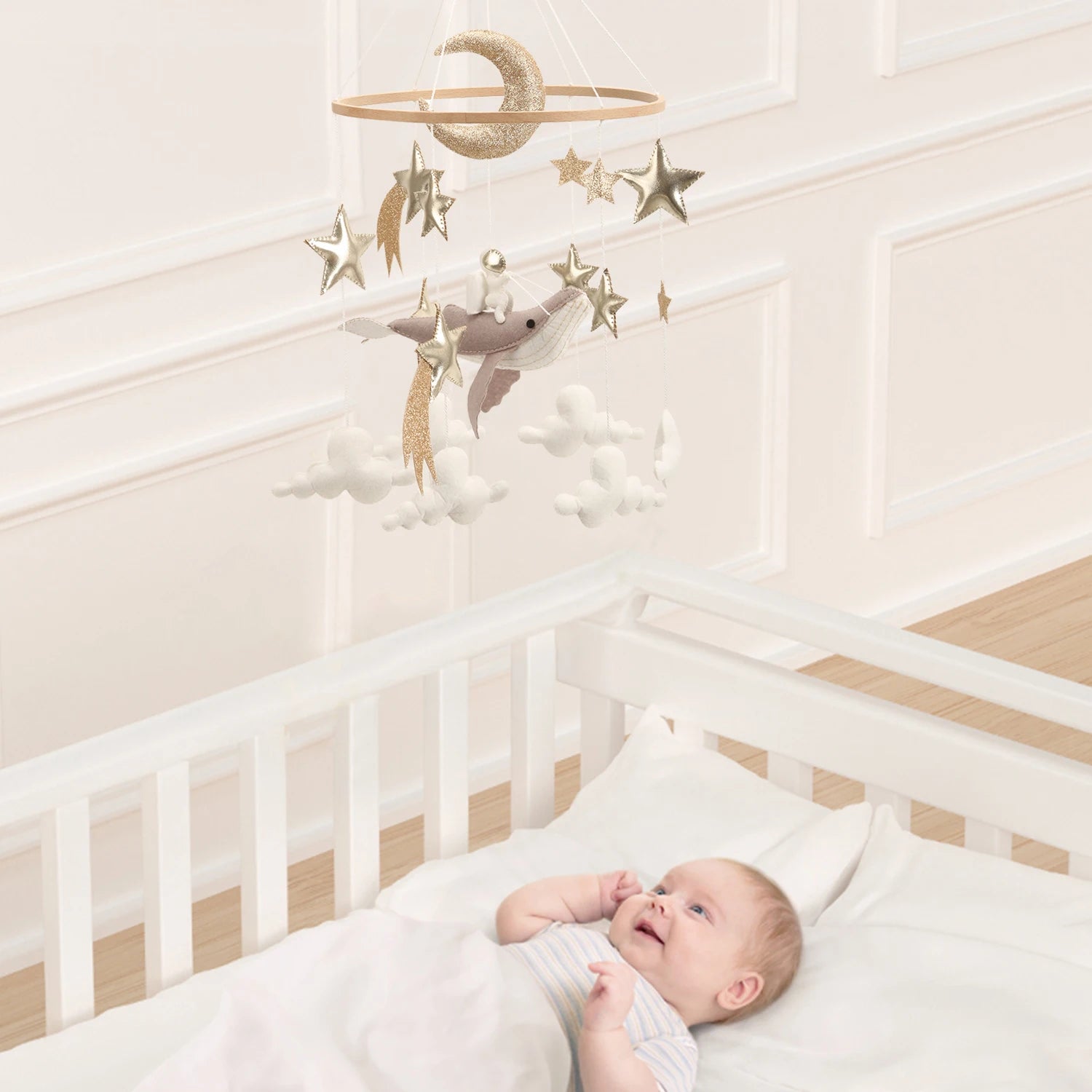 - 🌙 Space Whale Baby Mobile – Nautical Nursery Decor with Stars, Moon & Clouds Baby Stork Baby Mobile