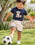 Dog & Baseball Top with Checked Shorts Set