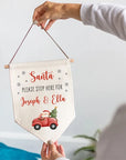 - Personalised Name "Santa Stop Here" Christmas Banner Sign Baby Stork Christmas Decor