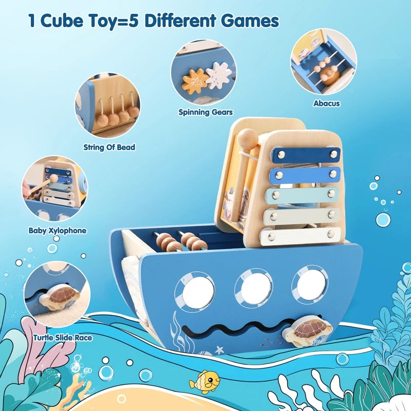 - 5-in-1 Multi-Activity Wooden Boat Busy Cube | Montessori-Inspired Educational Toy Baby Stork