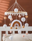 - Boho Rainbow Wooden Crib Mobile with Felt & Wool Balls - Baby Crib Mobile Baby Stork Baby Mobile