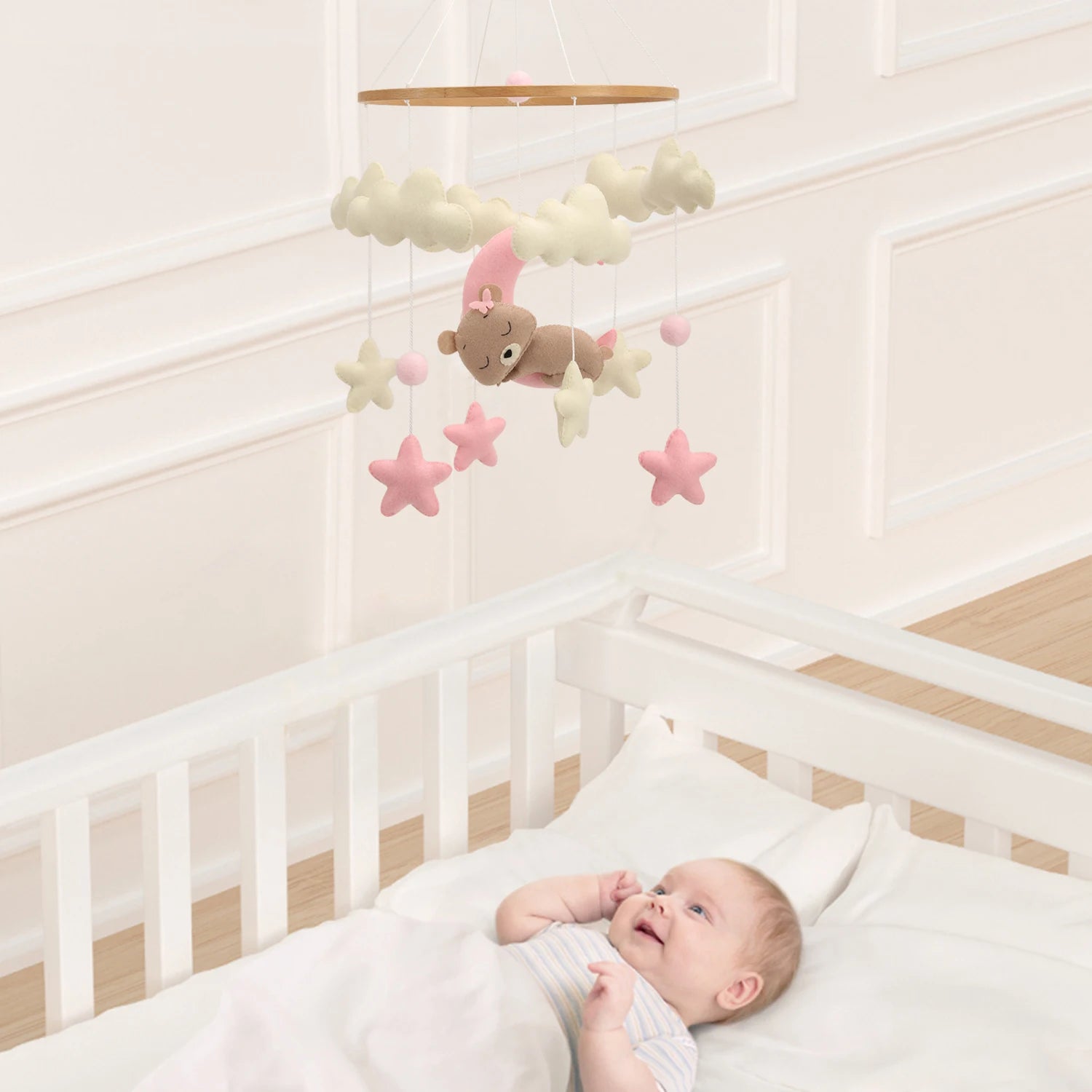 - 🌙 Teddy Bear Moon Baby Mobile – Pink Stars and Clouds Crib Mobile Baby Stork Baby Mobile