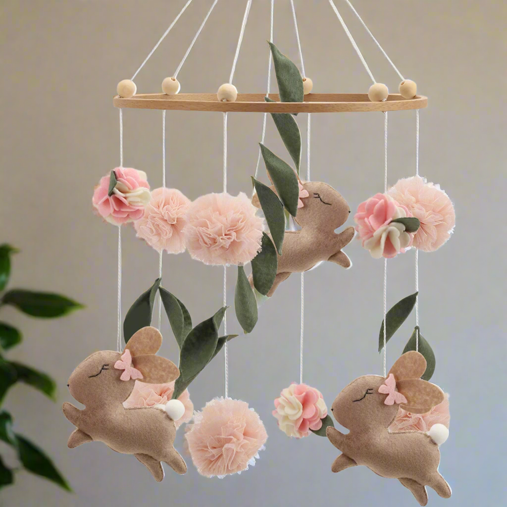 Handmade Bunny Rabbit Crib Mobile | Floral & Boho Nursery Decor | Soft Felt & Wooden Baby Stork Australia
