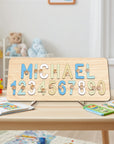 Soft Pastels With Stand - Custom Wooden Name & Number Puzzle – Personalised Educational Toy Baby Stork