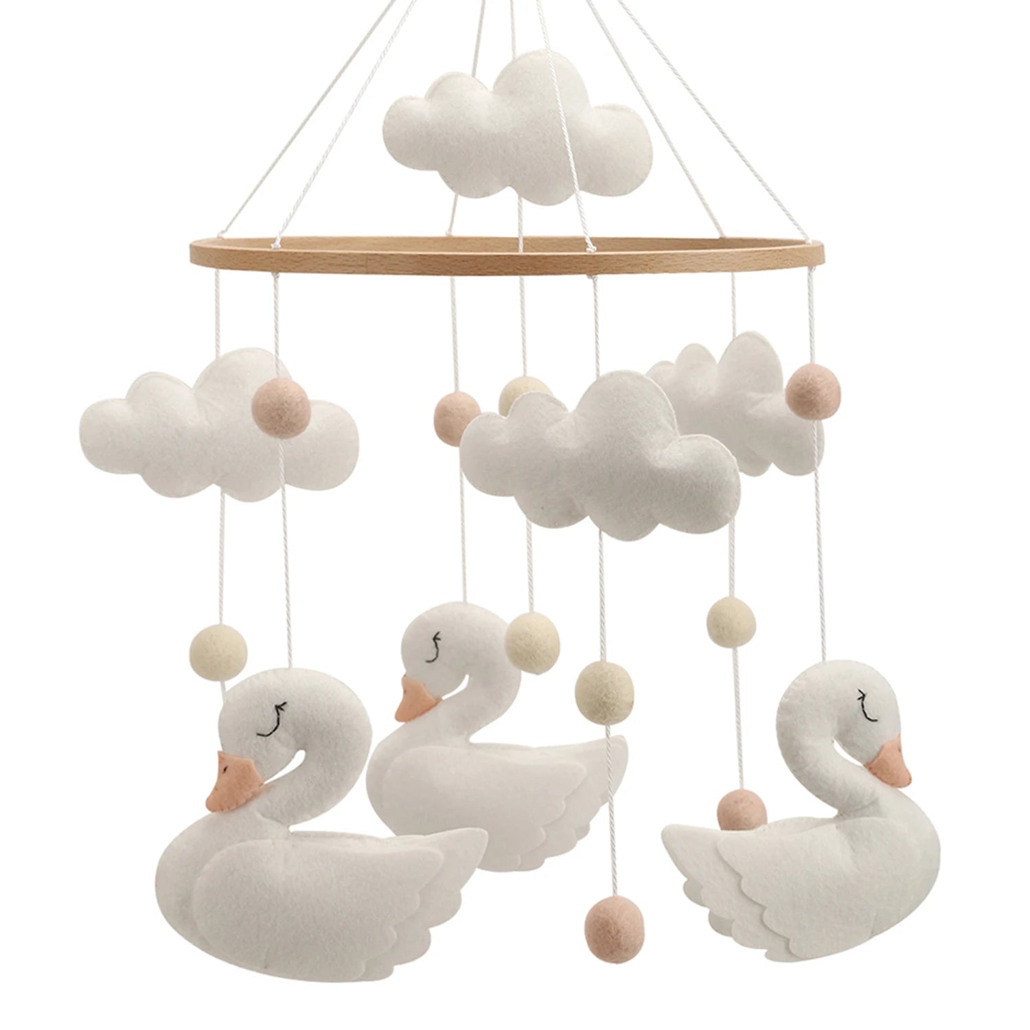 - 🦢 Swan Baby Mobile – White Felt Nursery Mobile with Clouds and Blush Accents Baby Stork Baby Mobile