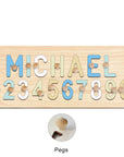 Soft Pastels With Pegs - Custom Wooden Name & Number Puzzle – Personalised Educational Toy Baby Stork