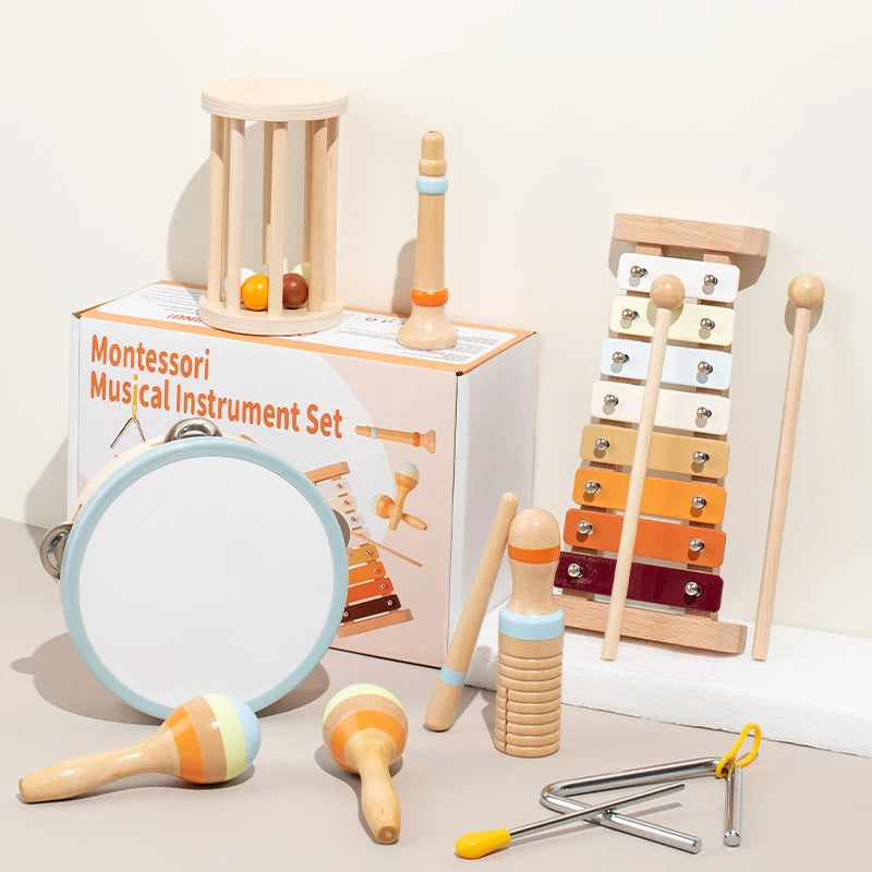 7pcs set - Toddlers Early Education Wooden Musical Instrument Set Baby Stork Musical Toy