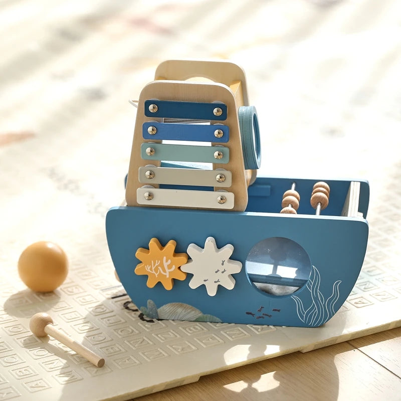 - 5-in-1 Multi-Activity Wooden Boat Busy Cube | Montessori-Inspired Educational Toy Baby Stork