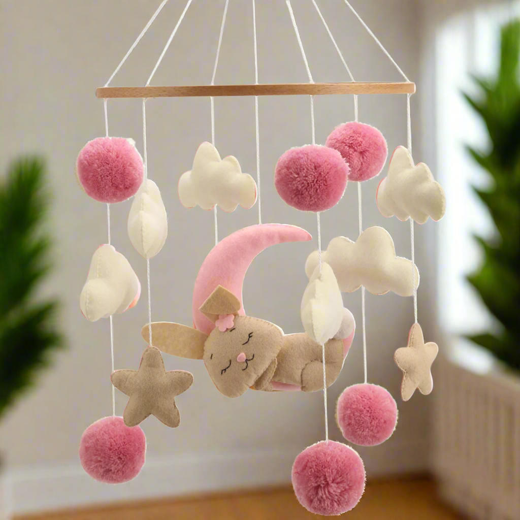 - 🐰 Bunny Baby Mobile – Soft Pompom Crib Mobile for Girls' Nursery Baby Stork Baby Mobile