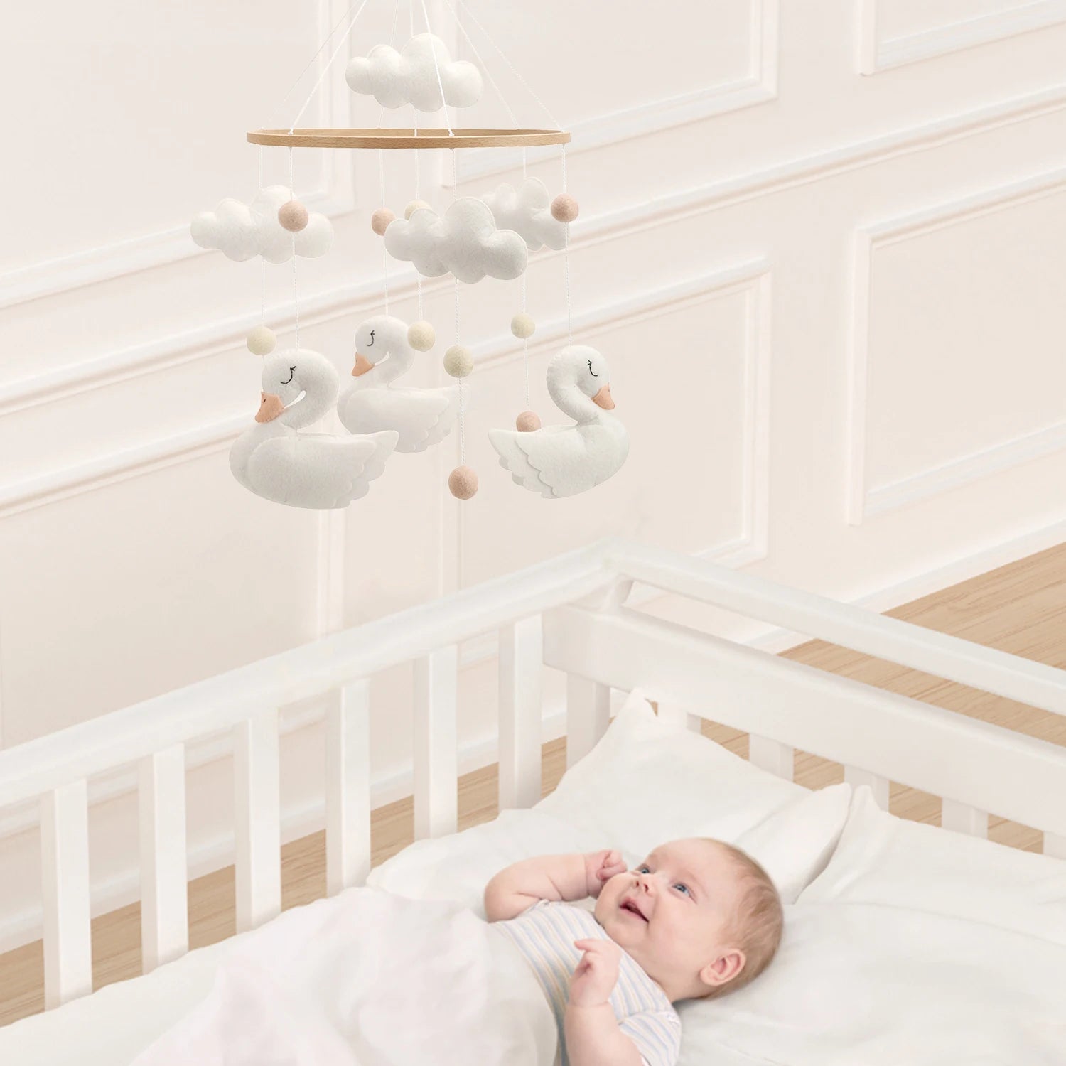 - 🦢 Swan Baby Mobile – White Felt Nursery Mobile with Clouds and Blush Accents Baby Stork Baby Mobile