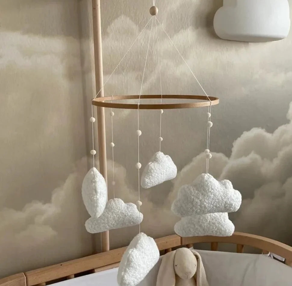 - ☁️ Handmade Cloud Baby Mobile – Neutral Boucle Nursery Crib Mobile Baby Stork Baby Mobile