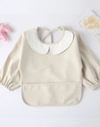 Cream - Full Sleeve Feeding Smock Bib with Adorable Thrilled Collar - Solid Colour Baby Stork Bibs