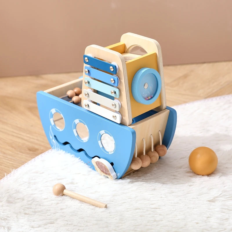 - 5-in-1 Multi-Activity Wooden Boat Busy Cube | Montessori-Inspired Educational Toy Baby Stork