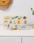 - Personalised Wooden Baby Name Puzzle - Up In The Sky | Rockets, Planes, Planets Baby Stork Puzzles