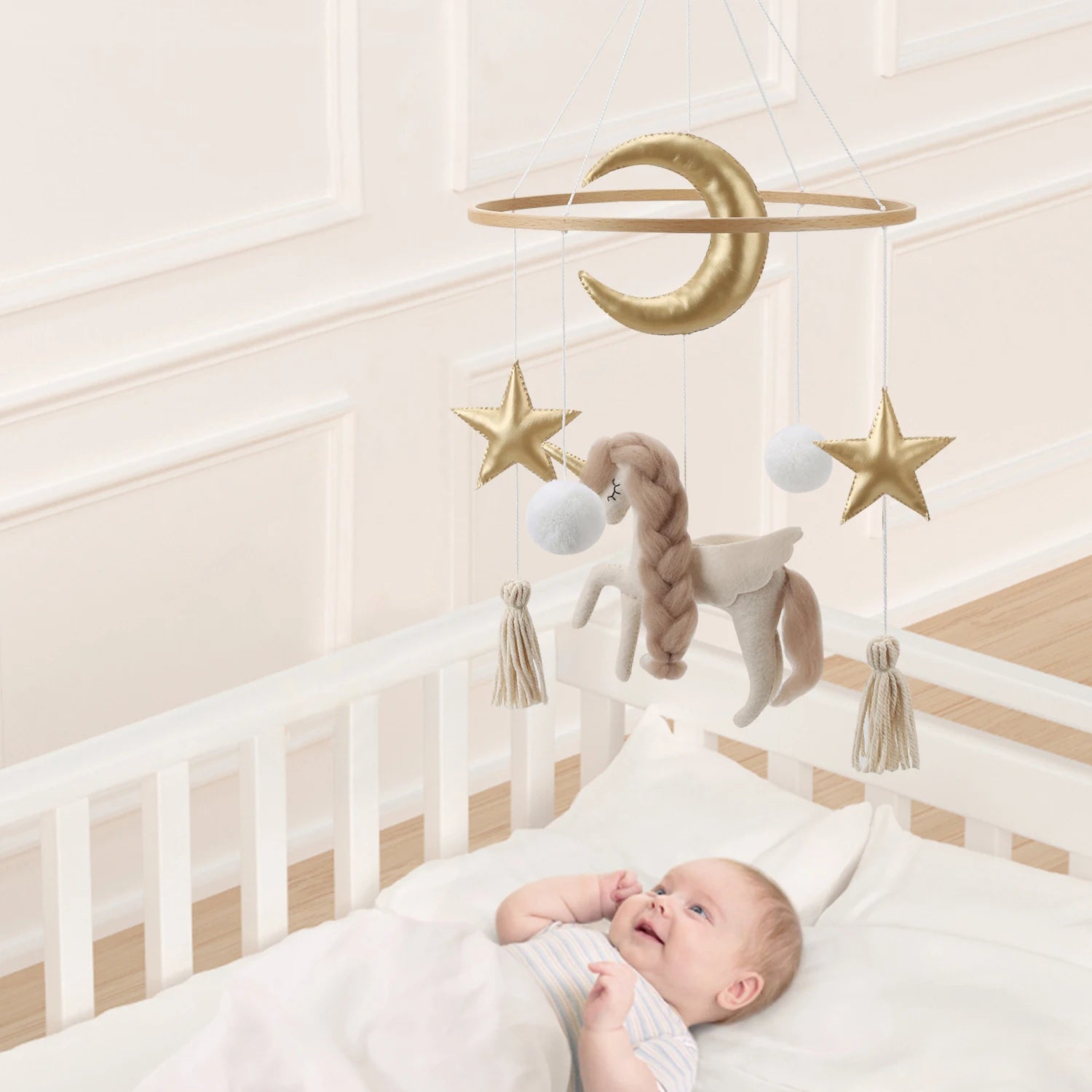 - 🦄 Golden Unicorn Baby Mobile – Elegant Crib Mobile for Girls’ Nursery Baby Stork Baby Mobile